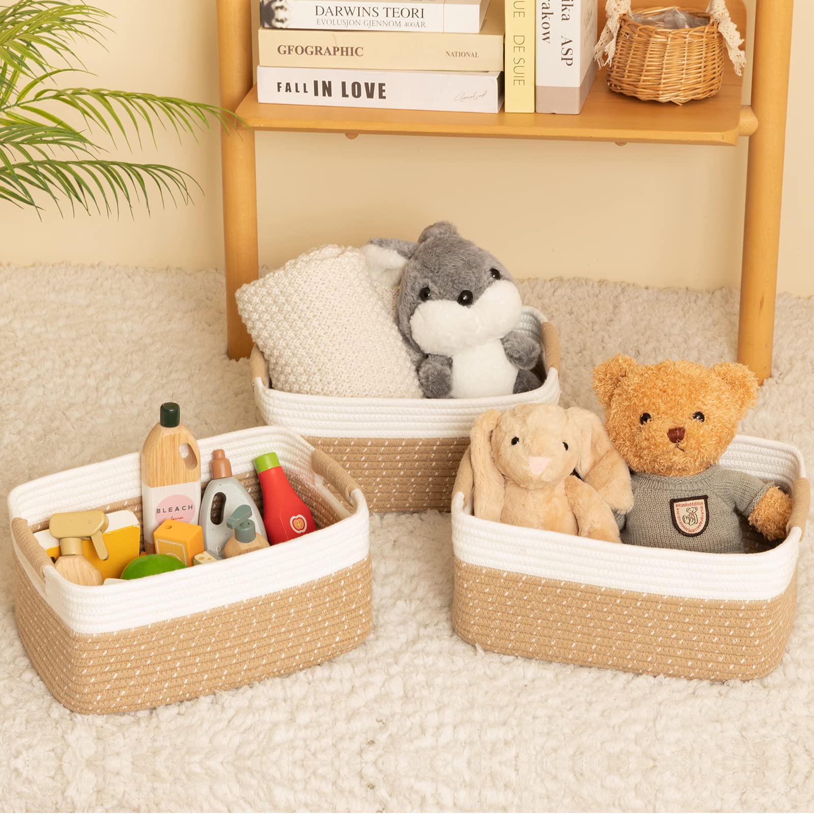 OIAHOMY 12.8x9x5.5in Woven Baskets for Storage, Storage Baskets for Shelves, Cotton Rope basket set of 3, Decorative Storage Baskets, Rectangle Basket With Handles,Brown and White