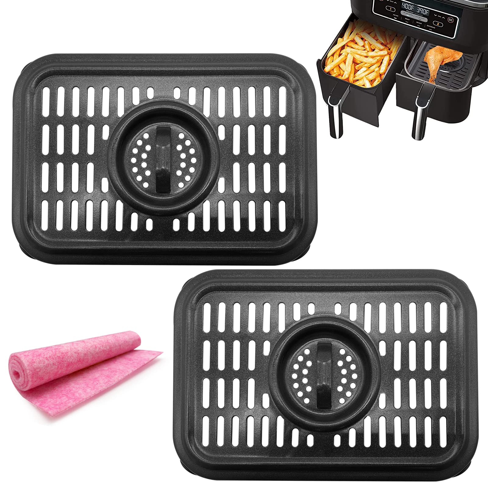 Air Fryer Grill Pan for Ninja Air Fryers, 2 Packs Replacement Air Fryer Crisper Plate Grill Plate Tray Accessories with Rubber Bumpers for Ninja Foodi DZ201 DZ100, Dishwasher Safe