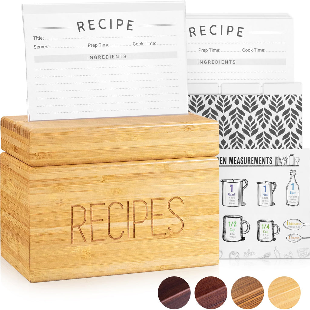 Recipe Box with Cards and Dividers by Apace - Vintage Style Wood 4x6 Recipe Holder Card Box - Exclusively from the Apace Living Premier Collection - Fits 240 Cards (Bamboo)