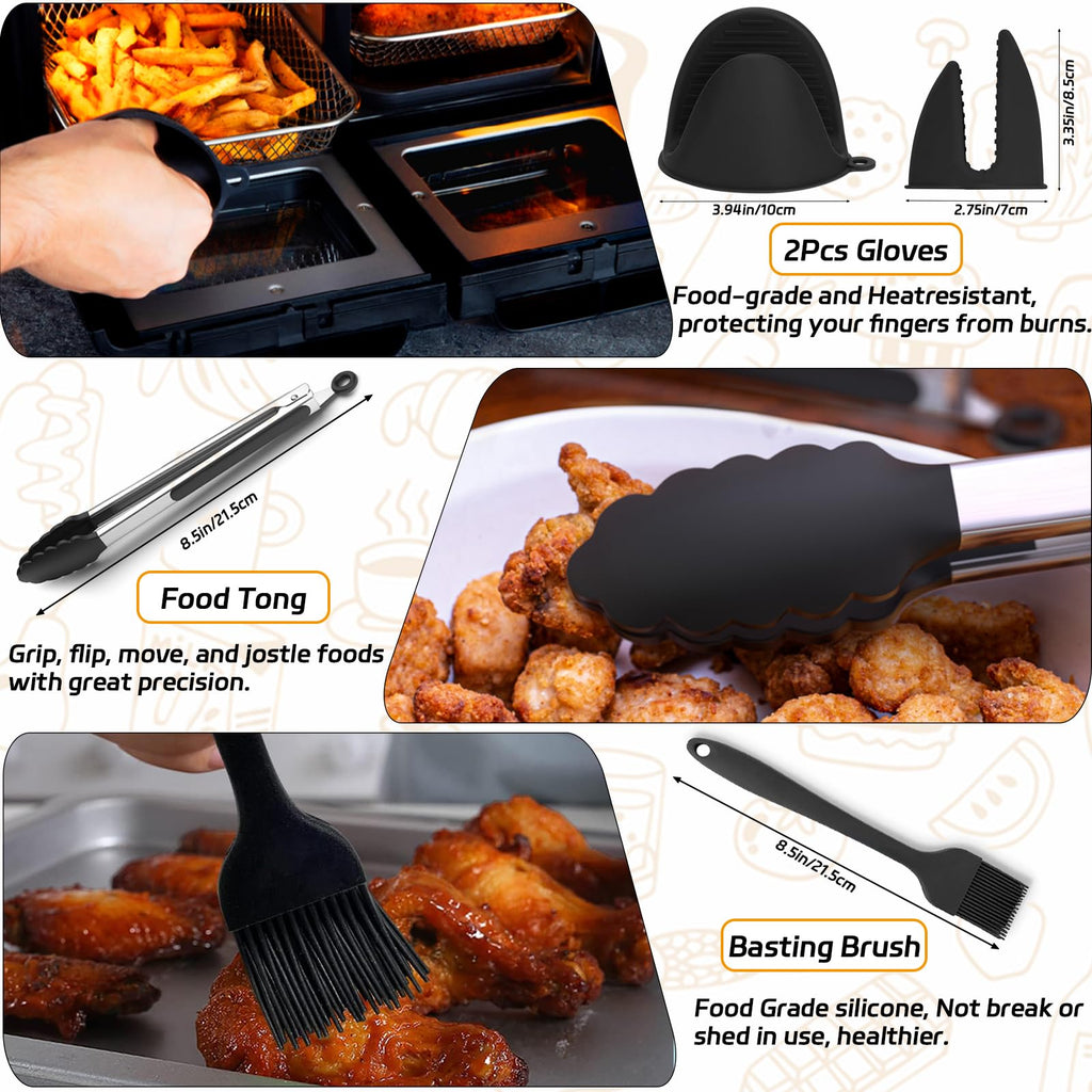 Air Fryer Accessories,9-Pcs Set for DZ201, DZ201C, DZ401, Reusable Silicone Air Fryer Liners & Gloves, Air Fryer Rack, Paper Lining, Food Tong, Oil Brush, Suitable for Oven, Microwave