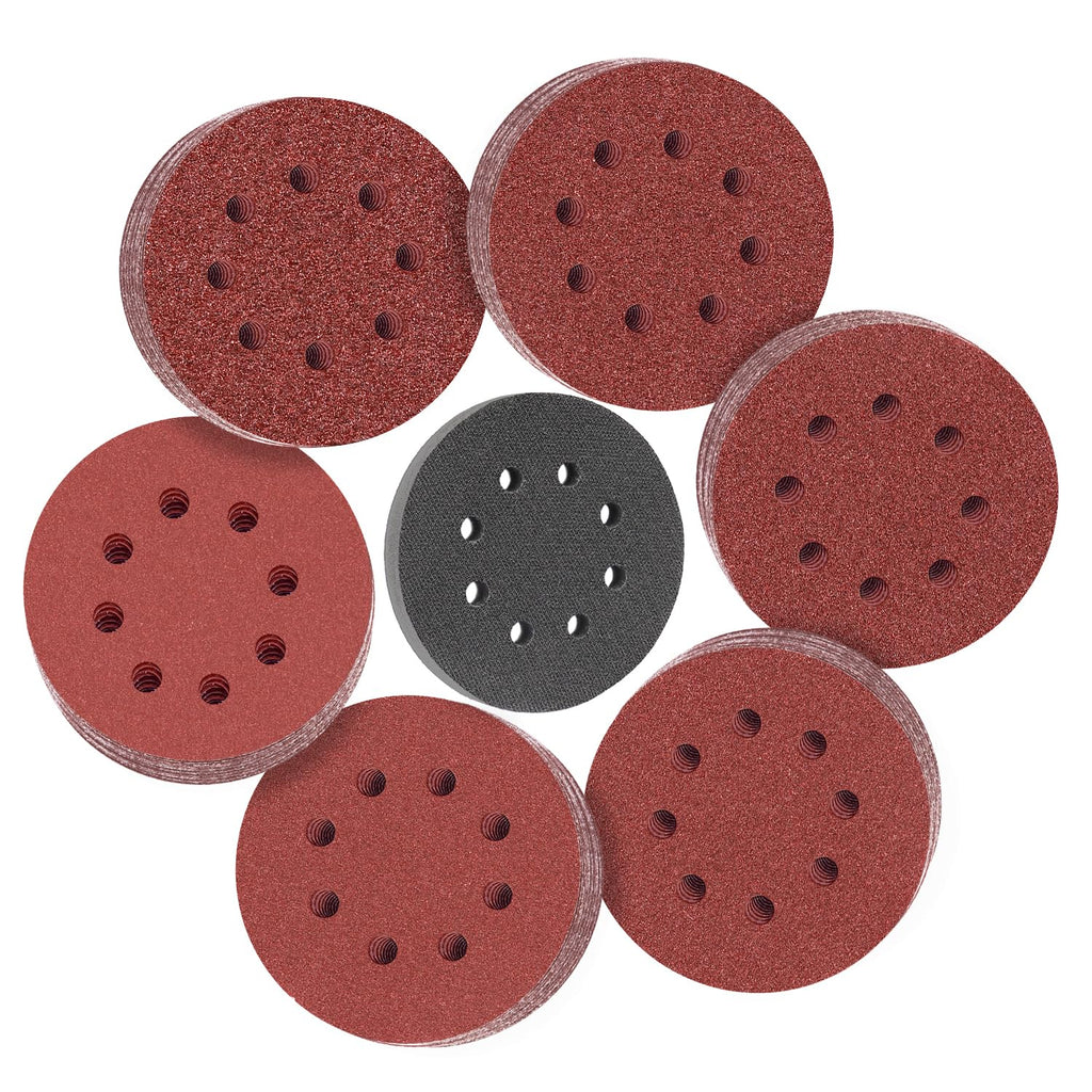 ALPXUXP 5 Inch Sanding Discs 8-Holes Hook and Loop Sandpaper for Random Orbital Sander(60/80/120/180/220/400 x10 Mixed Grits) 60Pcs-with 1Pcs Interface Pad
