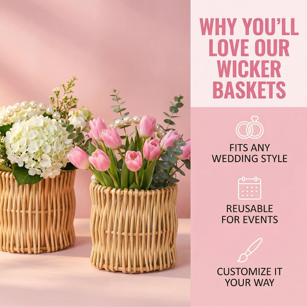 ZEAYEA 2 Pack Flower Girl Basket with Pearl Handle, Wedding Wicker Rattan Storage Basket, Boho Woven Small Flower Basket for Candy, Easter, Christmas, Home Decorations