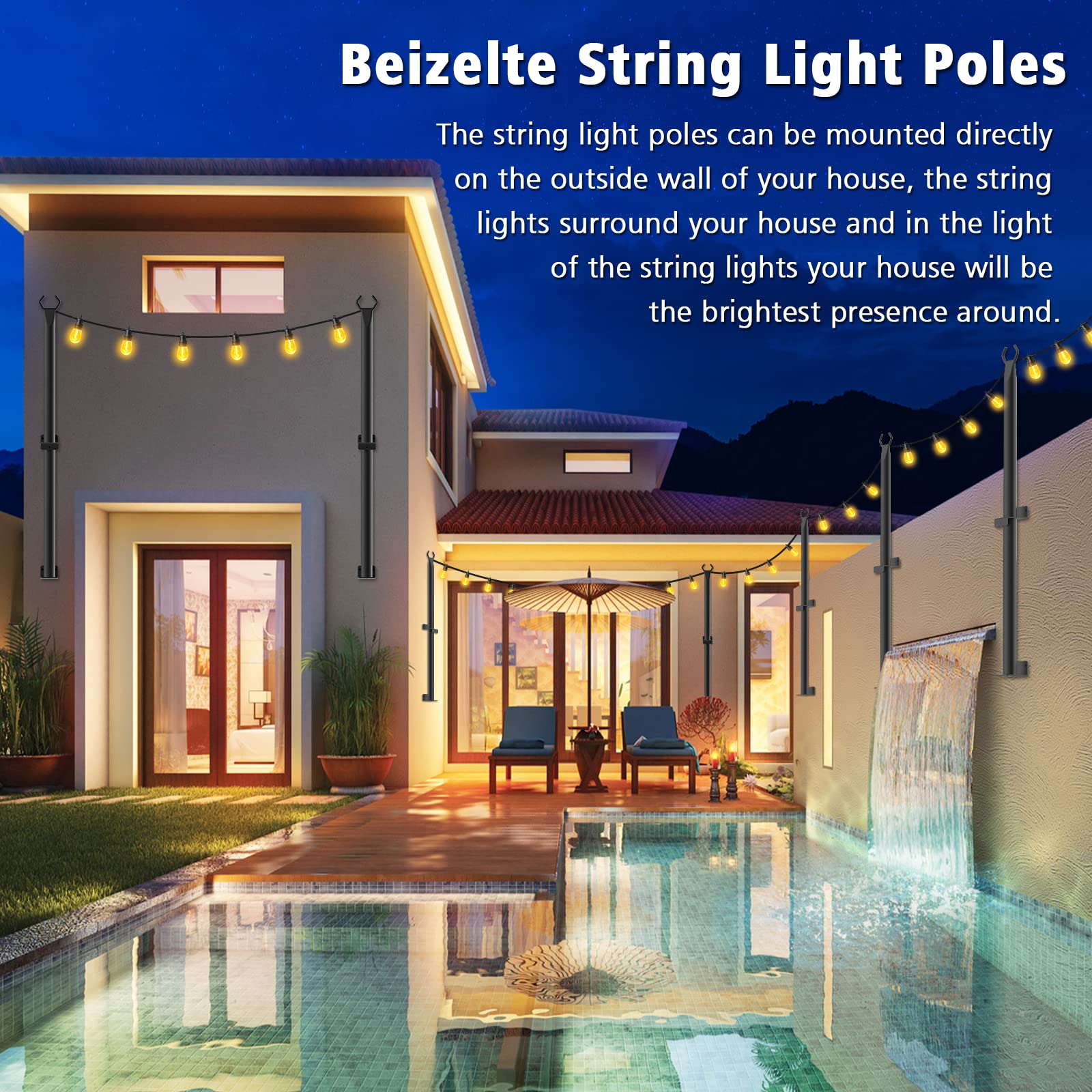 Beizelte 5FT String Light Poles 2Pack,Hanging Light Poles for Outside String Lights,with Fixing Clips and Suspended Base,Freestanding Outdoor Light Poles for Deck Bistro (2 Pack)