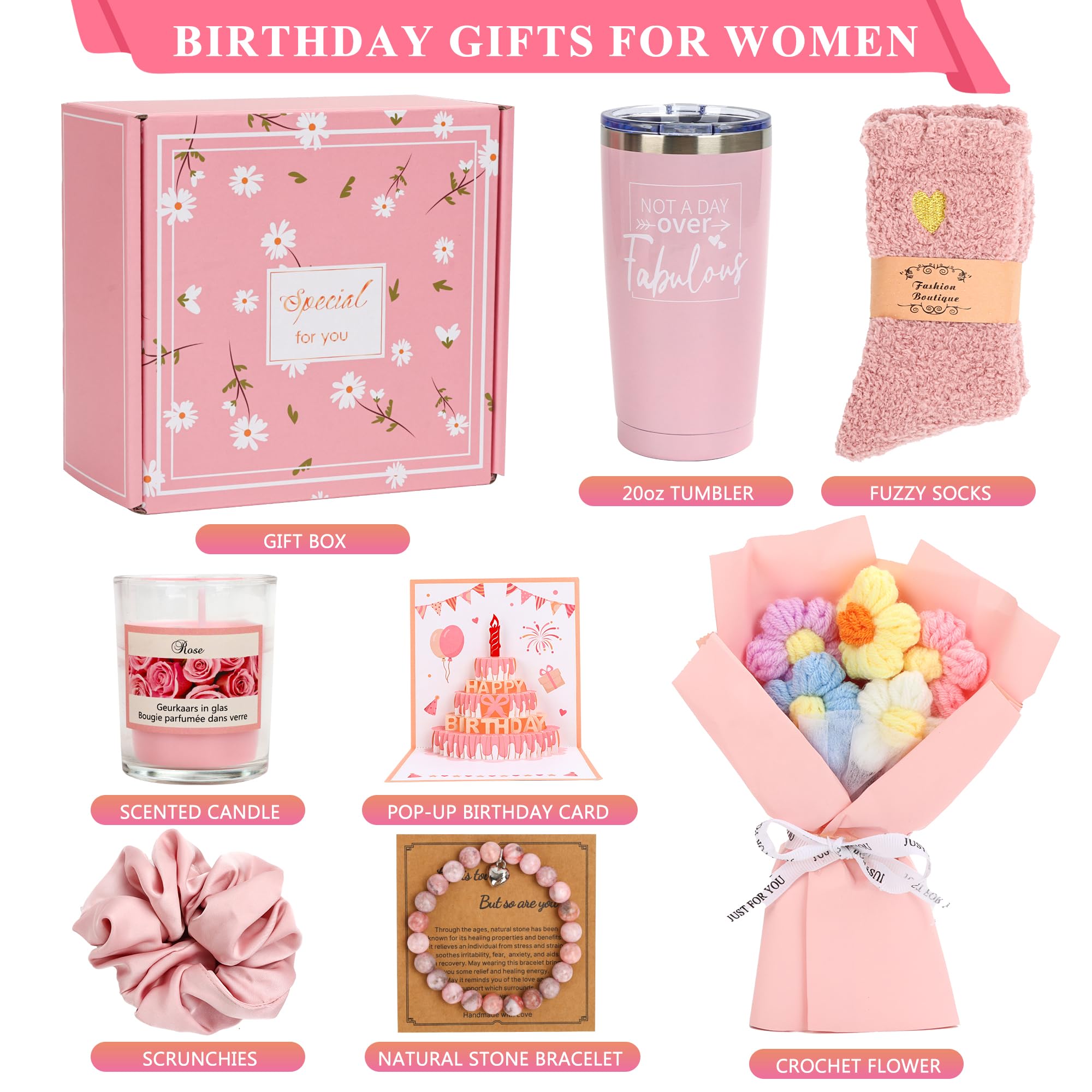 Birthday Gifts for Women Friendship, Pink Relaxing Spa Gifts Basket Set for Women, Self Care Gifts Unique Happy Birthday Gift Idea for Mom Her Best Friends Sister Wife Girlfriend Coworker Teacher (Pink)