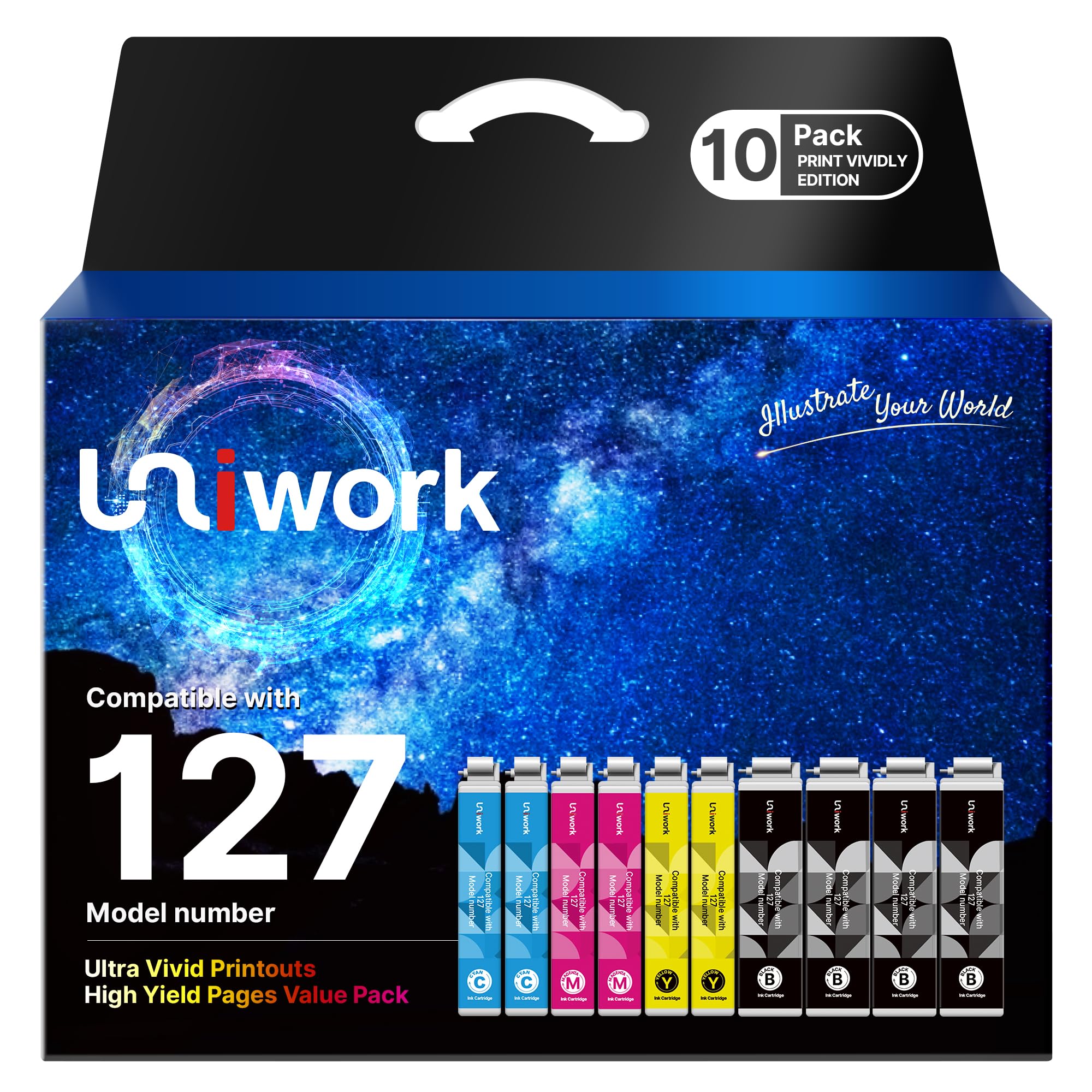 Uniwork 127XL Ink Cartridge Value Pack 10 Pack Remanufactured for Epson 127 Ink T127 Ink to use with Workforce 545 845 645 WF-3540 WF-3520 WF-7010 WF-7510 WF-7520 (4BK, 2C, 2M, 2Y)