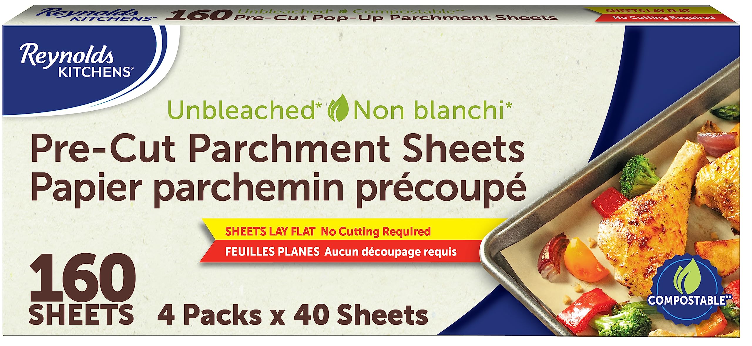 Reynolds Kitchens Pre Cut Parchment Paper Sheets/40ct 4-Pack 160 Liners Total/Unbleached Compostable Baking Paper/Compatible as Air Fryer Liners