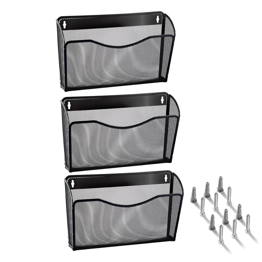 Wall Mount File Holder (3 Pack), AGPtek Wall File Holder, Hanging Wall File Organizer, Pocket Mesh Metal File Holder Organizer for papers, files and Home (Black)