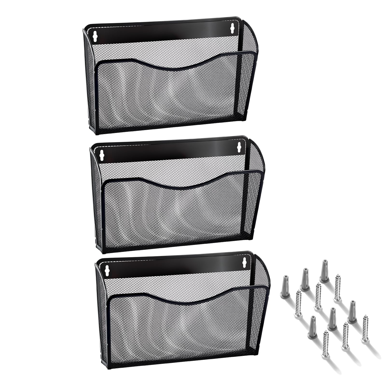 Wall Mount File Holder (3 Pack), AGPtek Wall File Holder, Hanging Wall File Organizer, Pocket Mesh Metal File Holder Organizer for papers, files and Home (Black)