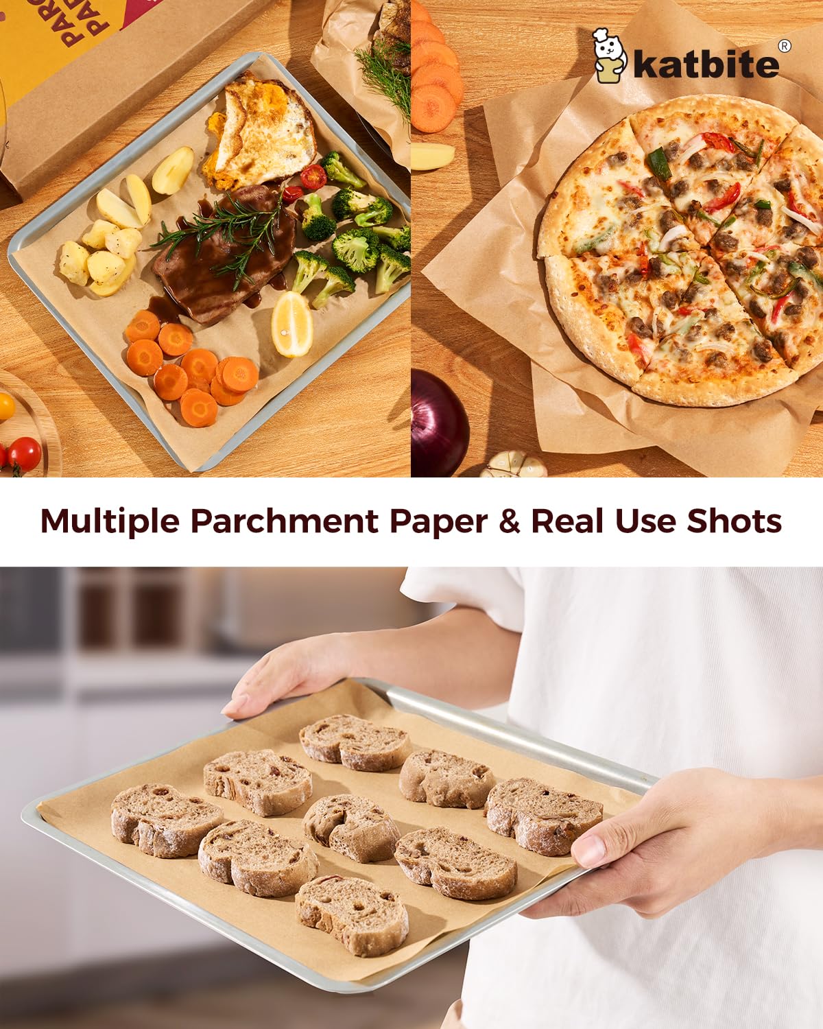 Katbite 200pcs Unbleached Parchment Paper Sheets 12x16 inch (9x13 Optional) Heavy Duty, Baking Paper Parchment for Cookies, Bread, Meat, Pizza