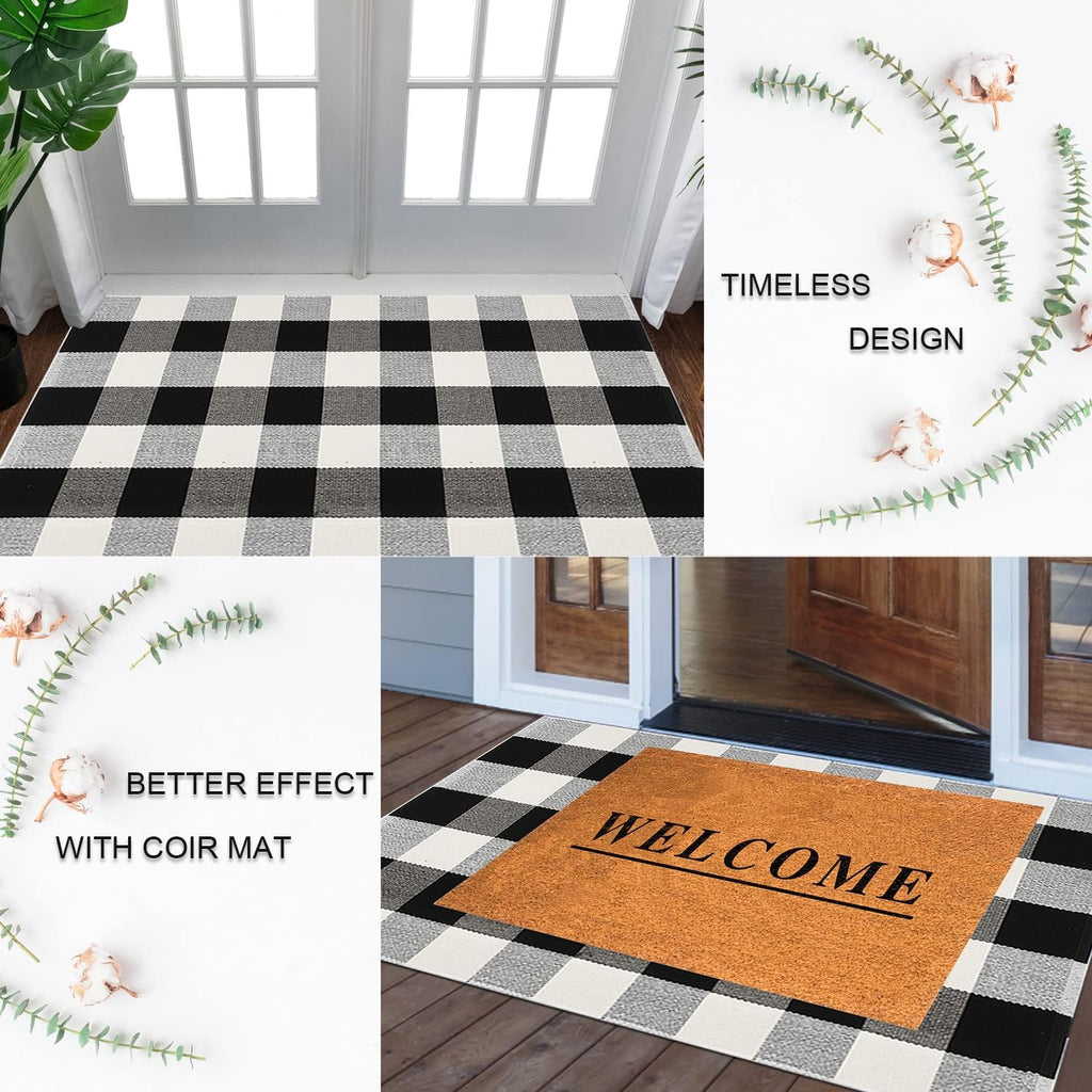 Cekene Buffalo Plaid Outdoor Checkered Rug 2x4.2ft Buffalo Plaid Rug Cotton Woven Washable Front Door Mat Indoor Rugs for Entrance Front Porch Patio