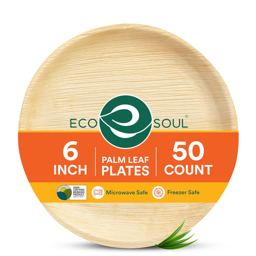ECO SOUL 6 Inch Disposable Palm Leaf Plates [50 Pack] Premium Food-Safe Heavy Duty Compostable Bamboo Paper Plates for Dessert, Dinner, Apetizers, Weddings, Party, Camping & Catering Events [Round]