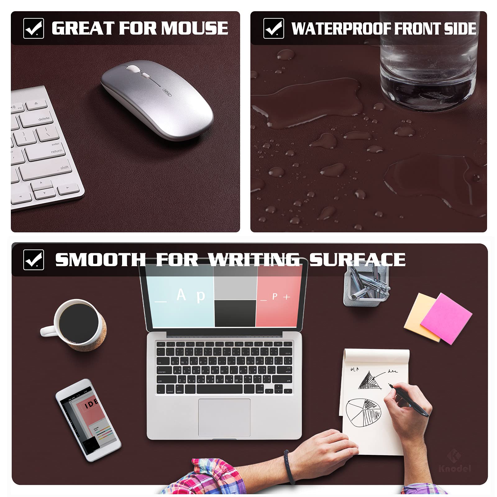 Knodel Non-Slip Desk Mat, Mouse Pad, Waterproof Desk Pad for Desktop, Leather Desk Pad for Keyboard and Mouse, Desk Pad Protector, Desk Writing Pad for Office and Home (35.4"x17", Dark Brown)