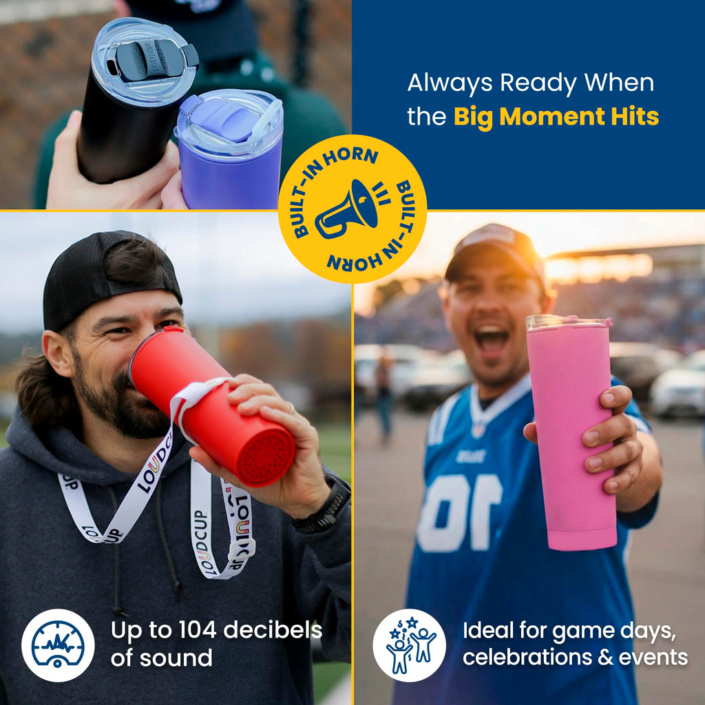The LoudCup Blow Horn Tumbler, 2-in-1 Cheer & Sip Reusable Water Bottle with Built-In Horn for Sports Games, Tailgates & Parties, BPA-Free, 23 oz, Royal Purple