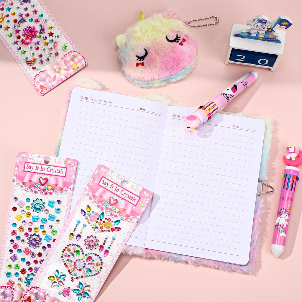 Cat Diary with Lock and Key,Tie-Dye Plush Notebook,Secret Diary with Coin Purse 2 Ballpoint 3 Crystal Sticker,Stationary Gift for Girls Age 4-12 Multicolored