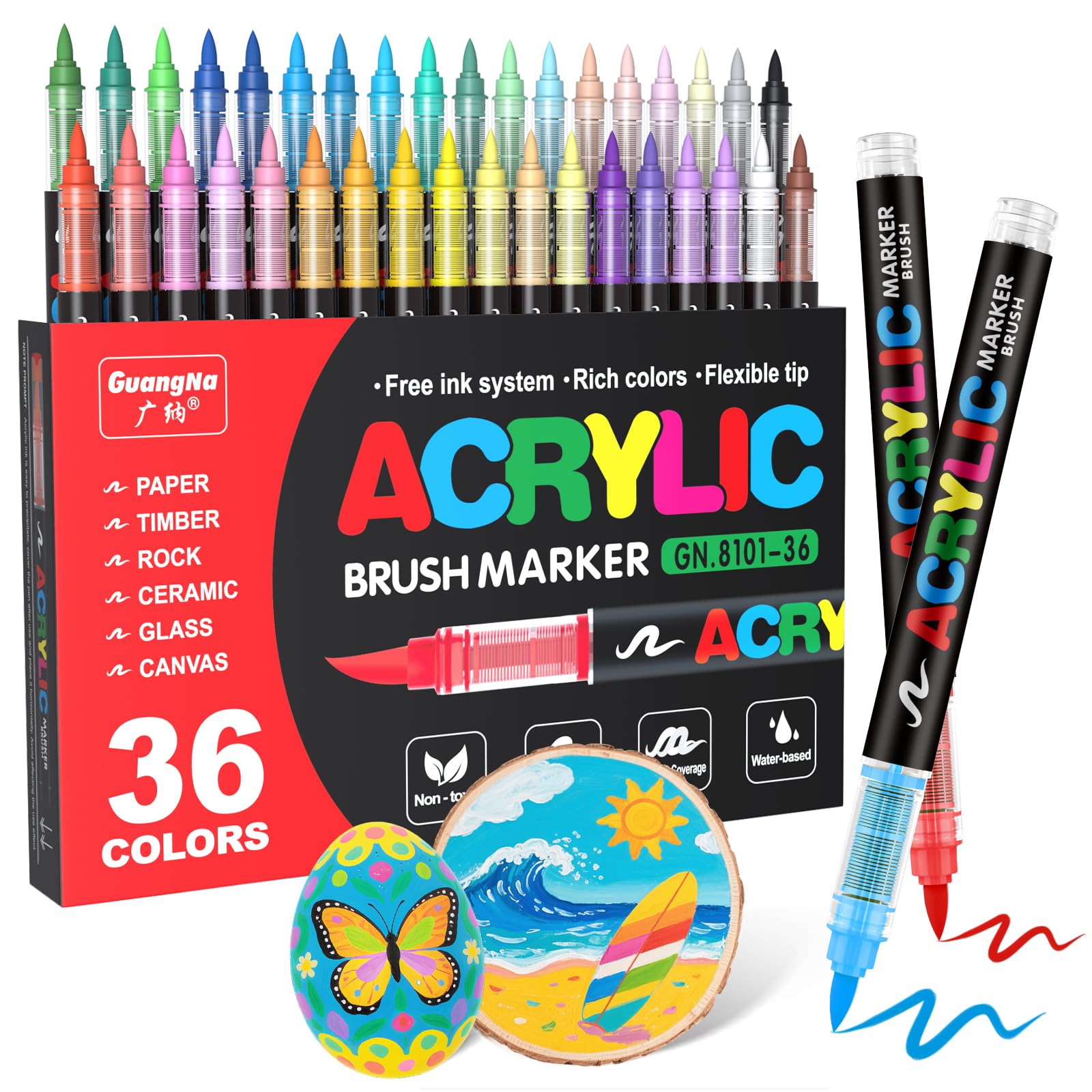 Guangna Acrylic Paint Markers Brush Tip, 36 Vivid Colors with Direct-Liquid Ink Control System, Professional-Grade Paint Pen for Rock Painting, Canvas, Glass, Plastic, Fabric, Eggs