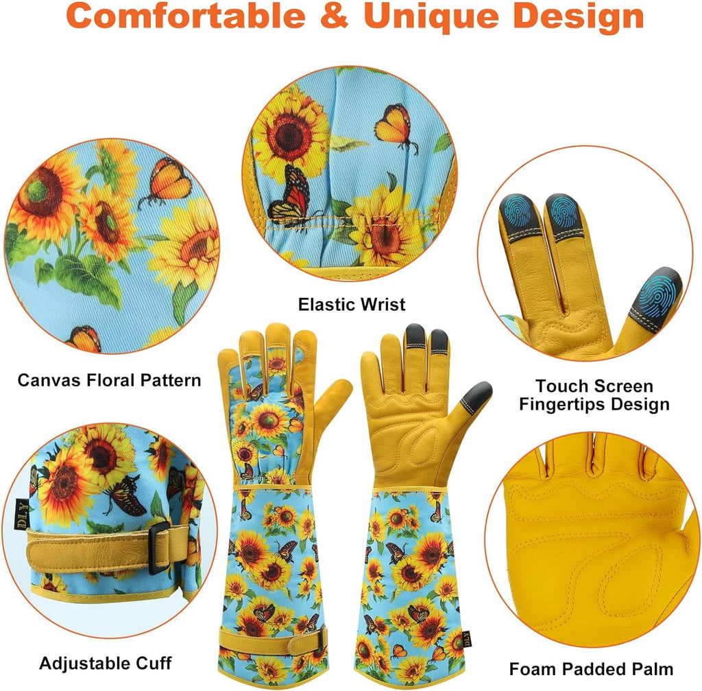 DLY Gardening Gloves for Women, Rose Gloves Gardening Thorn Proof, Long Garden Gloves for Women, Breathable Cowhide Leather Gauntlet (Medium, Blue)