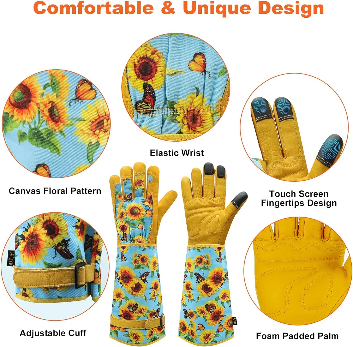 DLY Gardening Gloves for Women, Rose Gloves Gardening Thorn Proof, Long Garden Gloves for Women, Breathable Cowhide Leather Gauntlet (Medium, Blue)