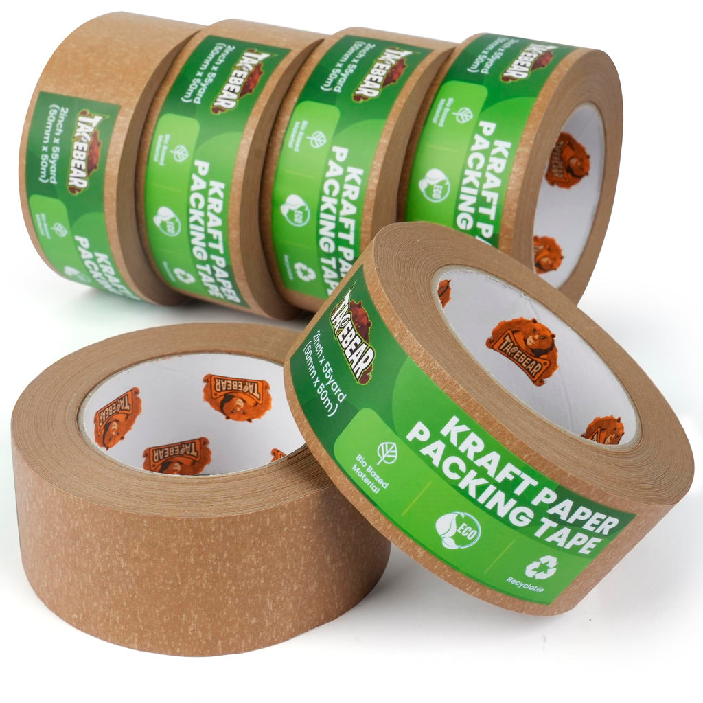 TAPEBEAR Eco-Friendly Kraft Paper Packing Tape, Biodegradable Heavy Duty 50mm x 50m, Recyclable Box Packaging Tape Self Adhesive for Shipping, Sealing, Moving & Masking, 6Rolls
