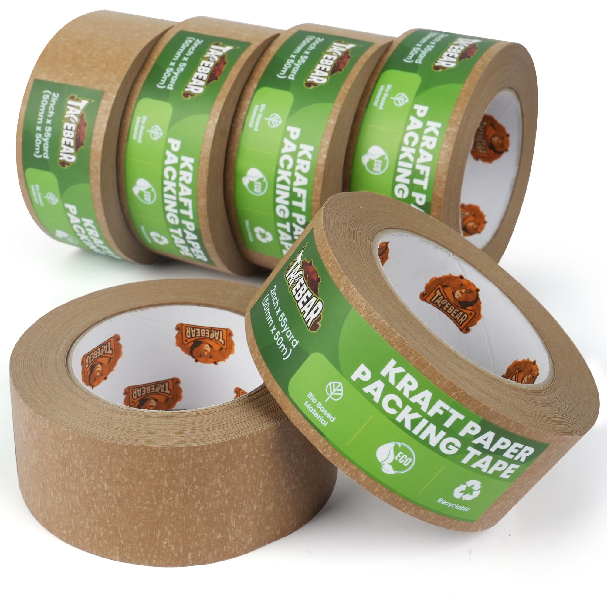 TAPEBEAR Eco-Friendly Kraft Paper Packing Tape, Biodegradable Heavy Duty 50mm x 50m, Recyclable Box Packaging Tape Self Adhesive for Shipping, Sealing, Moving & Masking, 6Rolls