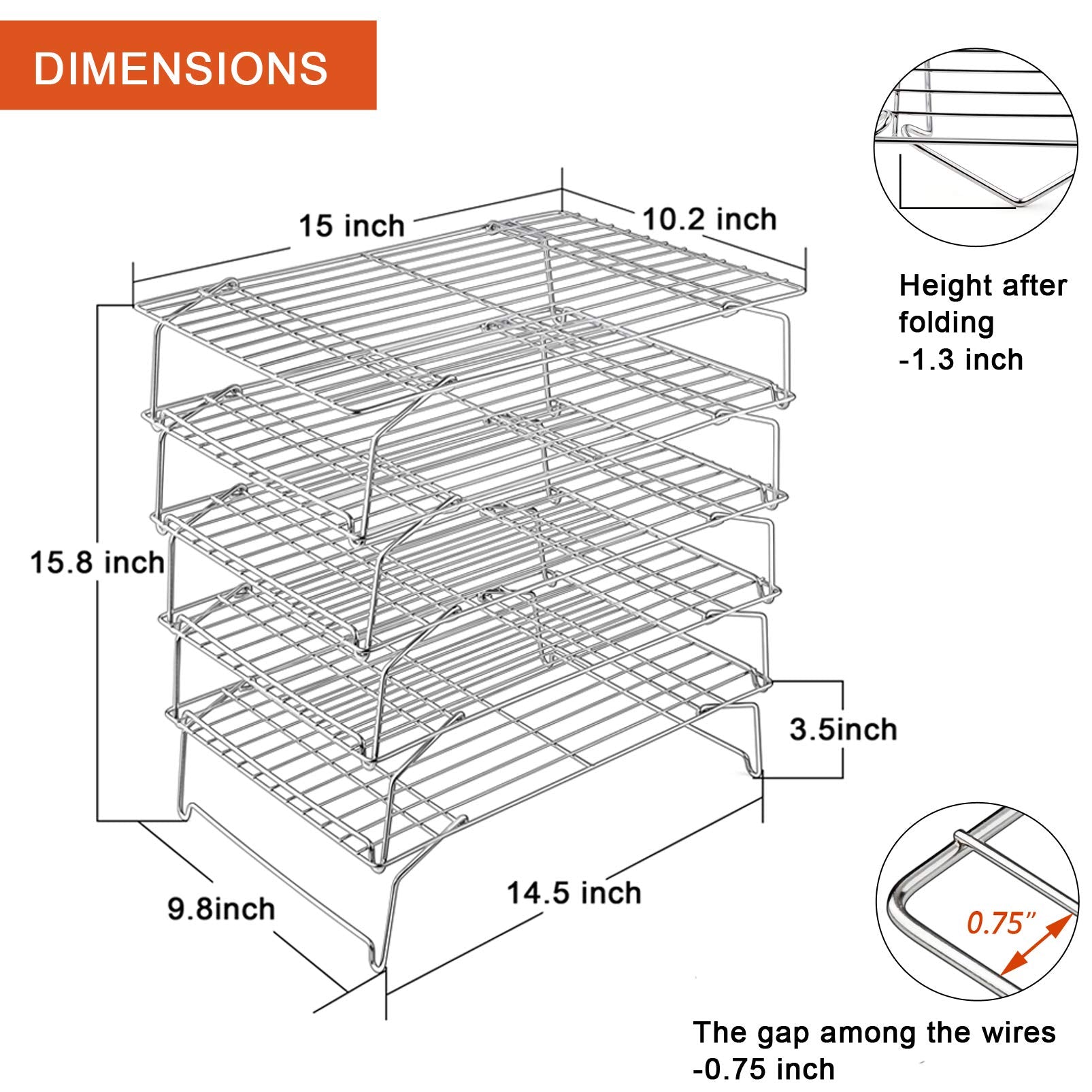 Cooling Rack, P&P CHEF 5-Tier Stainless Steel Stackable Baking Cooking Racks for Cooling Roasting Grilling, Collapsible & Heavy Duty, Oven & Dishwasher Safe - 15’’x10’’
