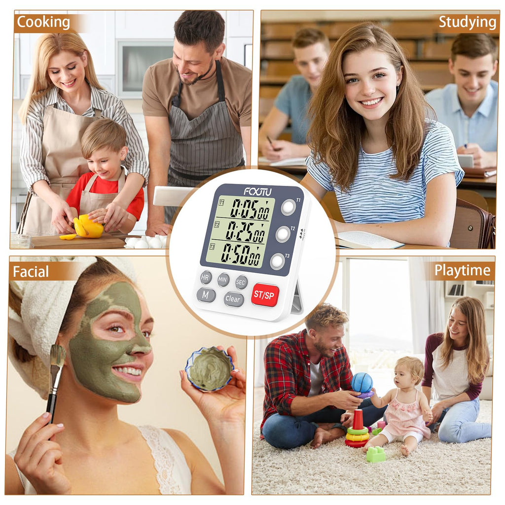FCXJTU Digital Dual Triple Kitchen Timer, 3 Channels Count Down Timer, Cooking Timer, Large Display, Loud Alarm and Flashing Light with Magnetic Back, Stand, Battery Included (White)