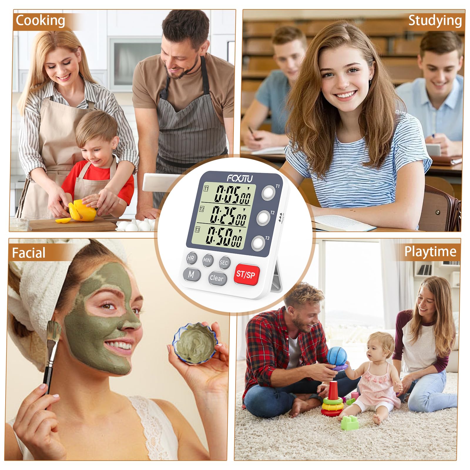 FCXJTU Digital Dual Triple Kitchen Timer, 3 Channels Count Down Timer, Cooking Timer, Large Display, Loud Alarm and Flashing Light with Magnetic Back, Stand, Battery Included (White)