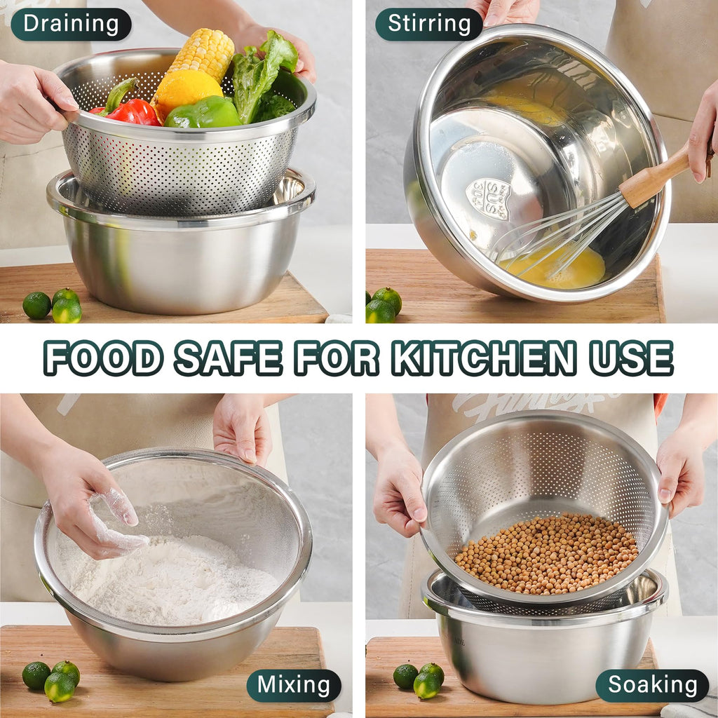 POPGRADE 304 Stainless Steel Colander Rice Washing Bowl Set, 2-QT Colanders & Food Strainers, Rice Strainer Washer Fruit Cleaner Bowl, Vegetable Fruit Washing Colander with Salad Mixing Bowl (2pcs)