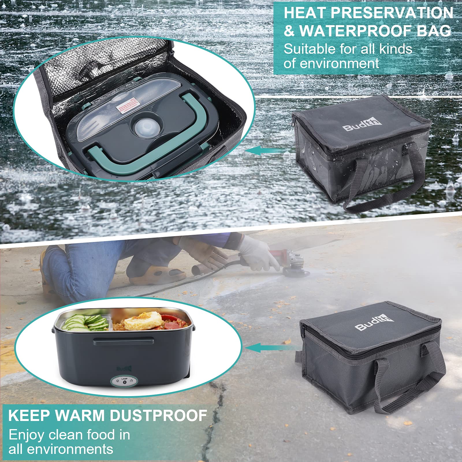 Budth Electric Lunch Box,80W Portable Heated Lunch Box Leak-Proof Food Warmer for Car Truck Home Office, 12V 24V 110V Adapter,with SS Fork & Spoon and Carry Bag (Grey+Green)