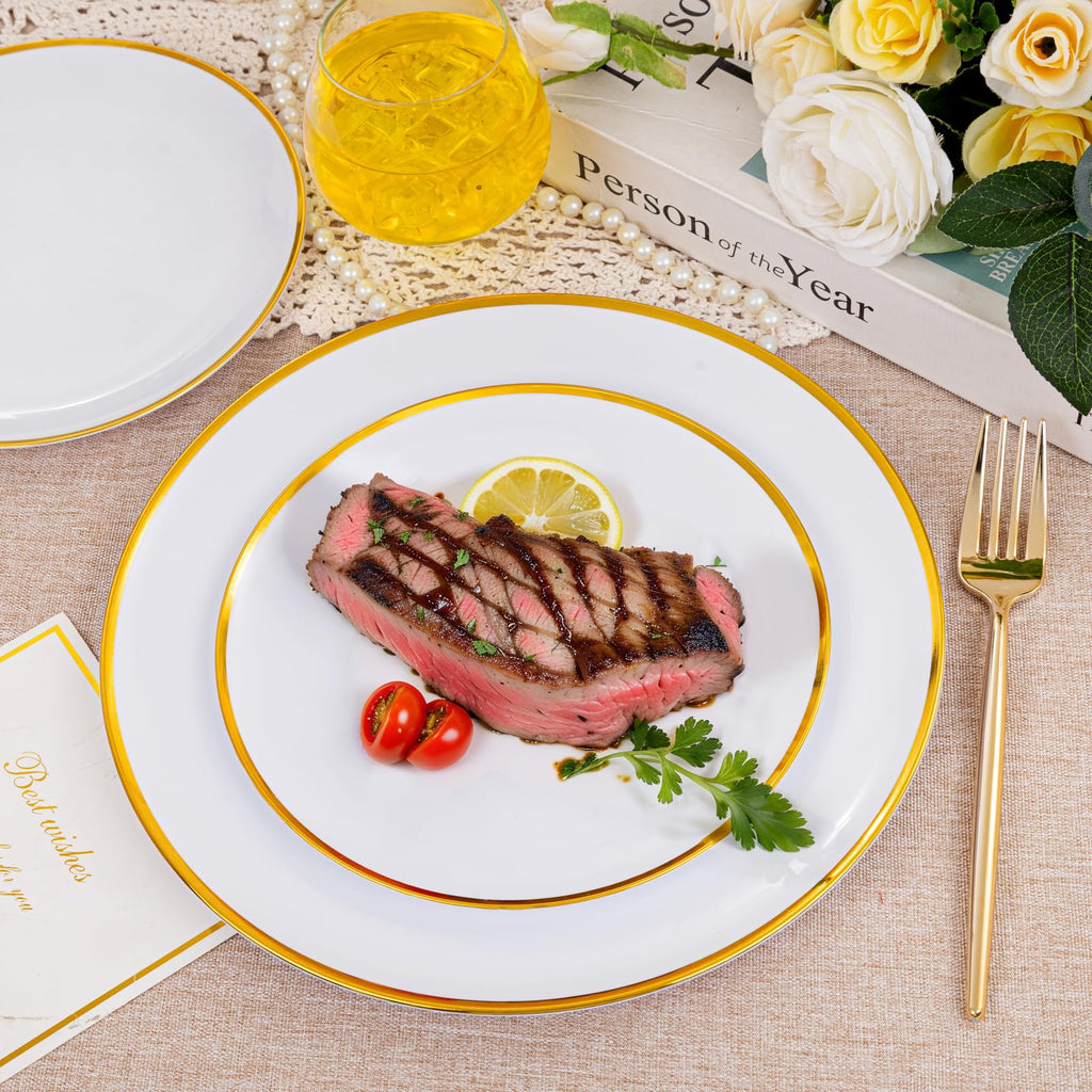 LIYH 60 Pcs Gold Plastic Plates Disposable - White Plastic Plates for Party/Weddings Include 30 White Gold Rim Dinner Plate 10.25" & 30 Dessert Plate 7.5 "