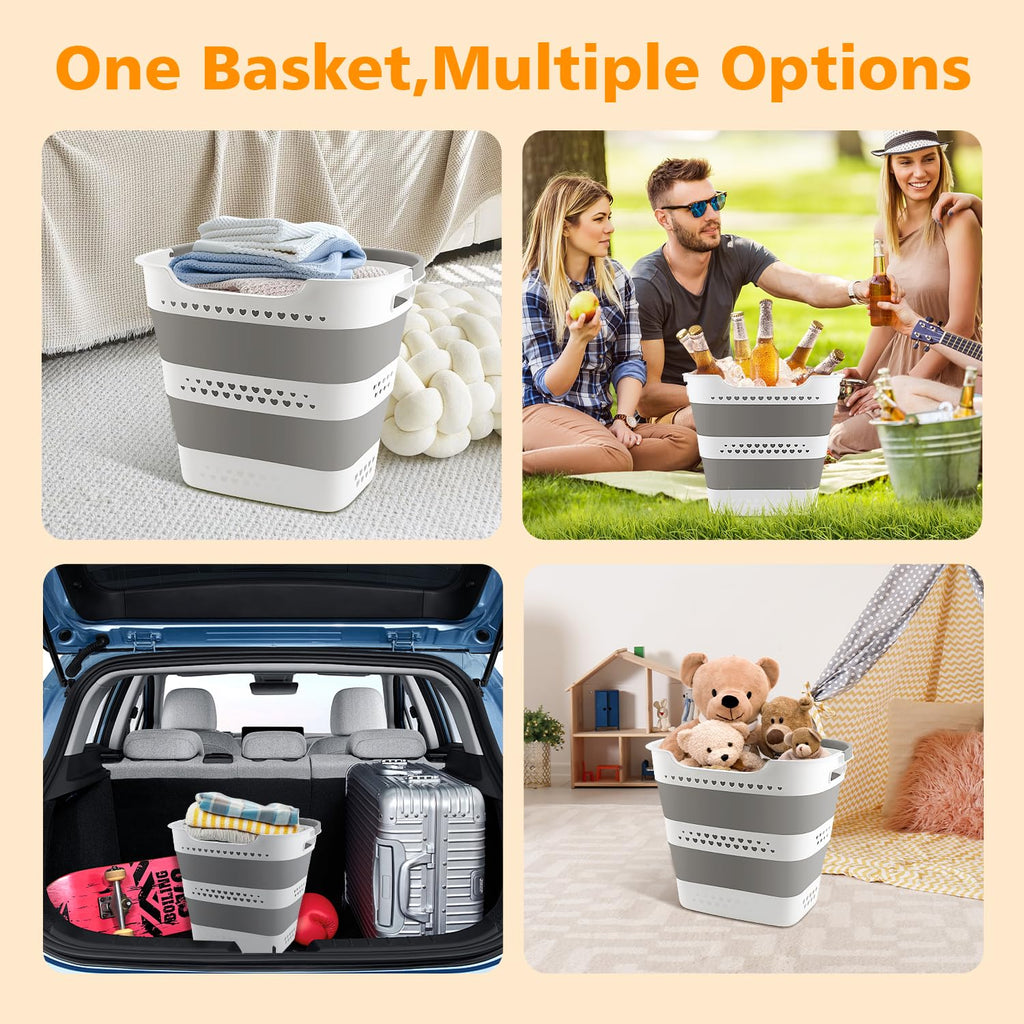 Collapsible Plastic Laundry Basket Hamper with Handles, Foldable Laundry Basket, Pop Up Storage Container Organizer for Washing Storage (1, Gery, 42L)