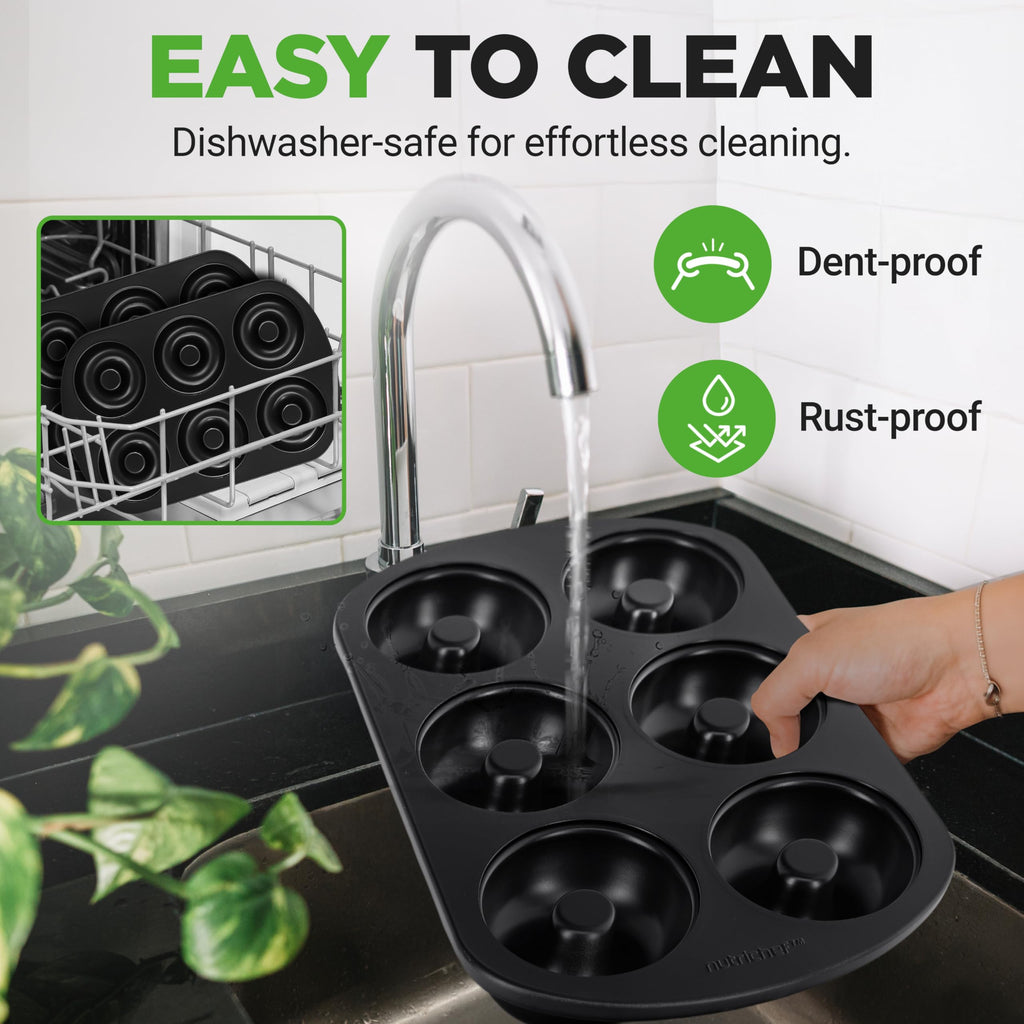 NutriChef Donut Pan - 2 Piece Set of 6 Cavity Nonstick Carbon Steel Donut Molds, Easy Release & Clean, Great for Bagels, Desserts & Chocolate, Dishwasher and Oven Safe