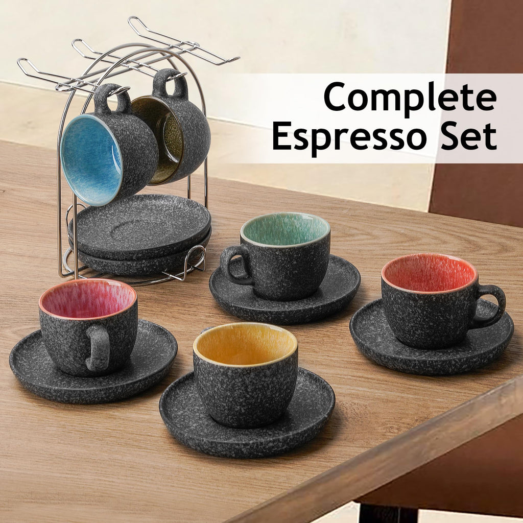 MIAMIO – 80 ml Ceramic Stackable Espresso Cups with Saucers and Metal Stand, Set of 6 Espresso Cup, Demitasse Cups, Coffee Mugs for Espresso, Latte, Café Mocha & Tea – Las Palmitas Collection