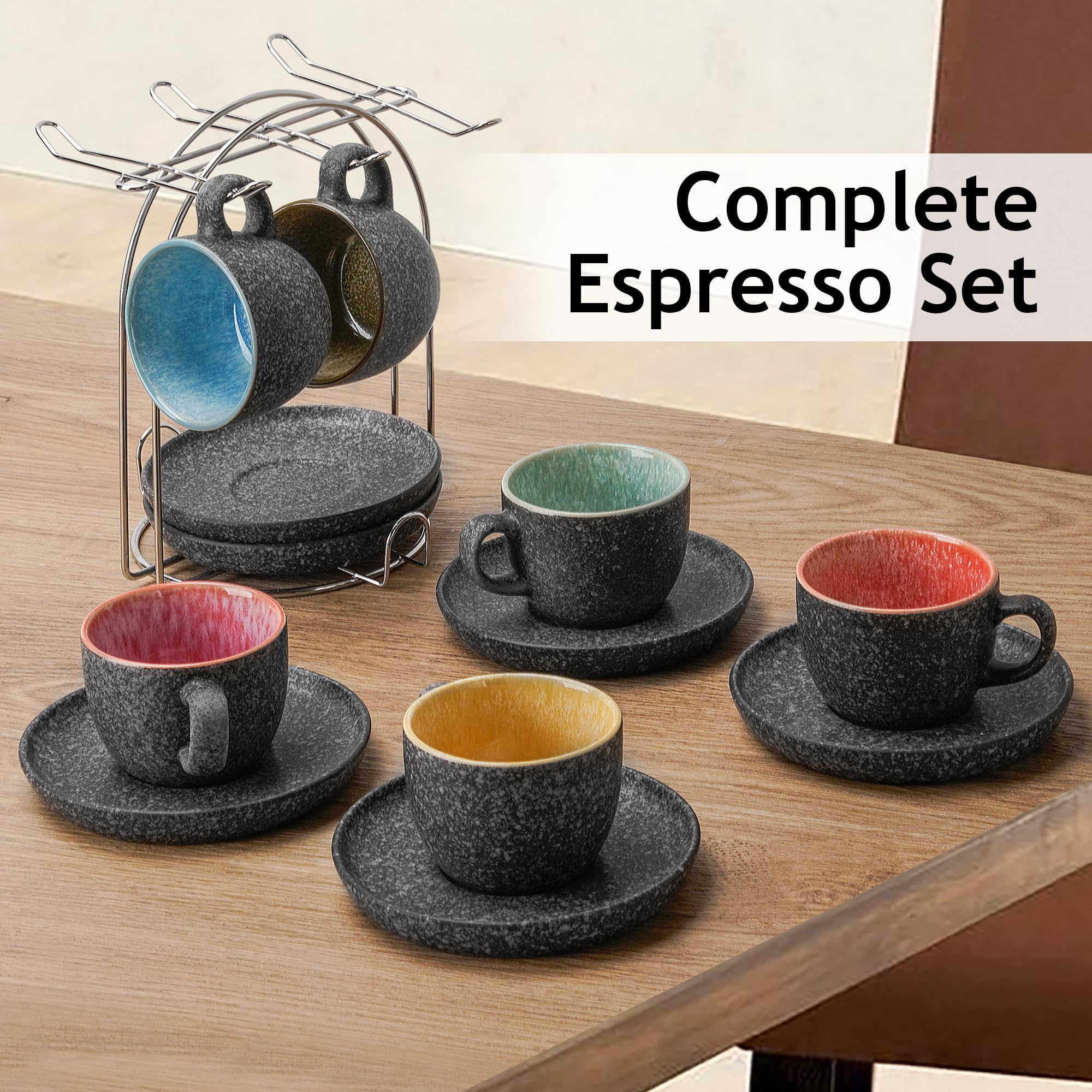 MIAMIO – 80 ml Ceramic Stackable Espresso Cups with Saucers and Metal Stand, Set of 6 Espresso Cup, Demitasse Cups, Coffee Mugs for Espresso, Latte, Café Mocha & Tea – Las Palmitas Collection