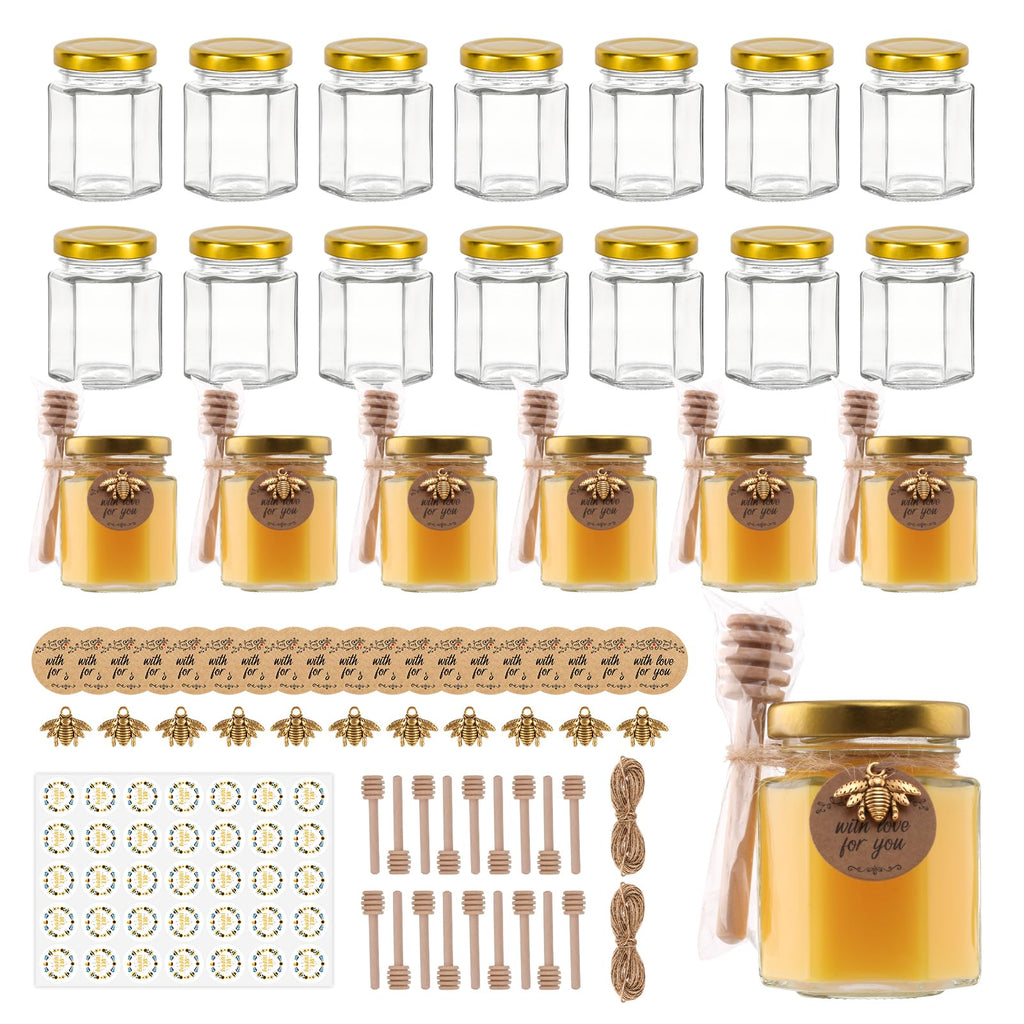 20 Pack 3 oz Mini Honey Jars with Dipper, Glass Hexagon Honey Jar for Wedding Favors, Empty Glass Jars for Party Favor