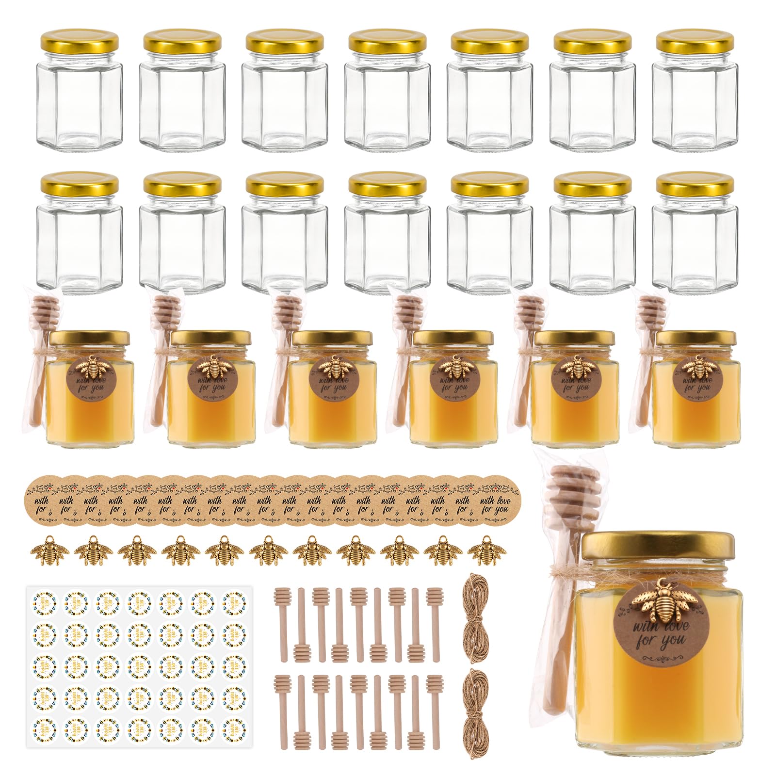 20 Pack 3 oz Mini Honey Jars with Dipper, Glass Hexagon Honey Jar for Wedding Favors, Empty Glass Jars for Party Favor