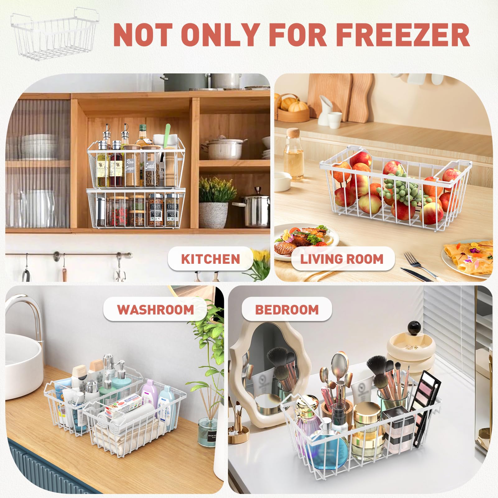 Goovilla Freezer Organizer Bins with Foldable Handle, 4 Pack Stackable Freezer Baskets for 3.5-7 Cu.FT Deep Chest Freezer Organization, White Metal Freezer Storage Bins with Better Space Utilization