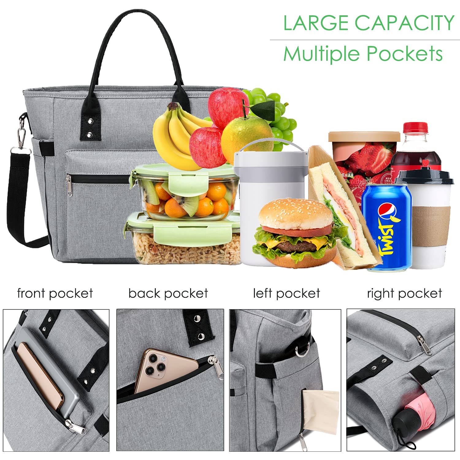 Lunch Bags for Women - Large Lunch Bag for Work, Picnics, and Camping, Insulated Lunch Bags for Women, Lunch Tote Lunch Box for Women Commuters, Boite a Lunch Femme, Sac a Lunch Femme (Clip-On Strap)