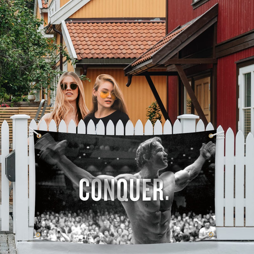 Arnold Schwarzenegger Conquer Motivational Inspirational Office Gym Wall Decor Flag Banner，3x5 Feet Flag Funny Poster Durable Man Cave Wall Flag with Brass Grommets This beautiful entertaining banner flag for College Dorm Room Decor,Outdoor,Parties gifts