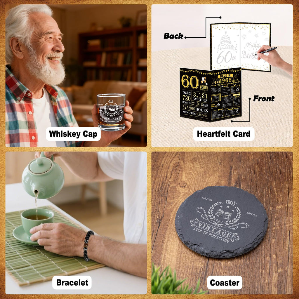 60th Birthday Gifts for Men, Cool 60th Birthday Decorations for Men, 60 Year Old Gifts for Man Who Have Everything, 1966 60th Birthday Gift Baskets for Man Whiskey Glass Baseball Cap Socks Stones
