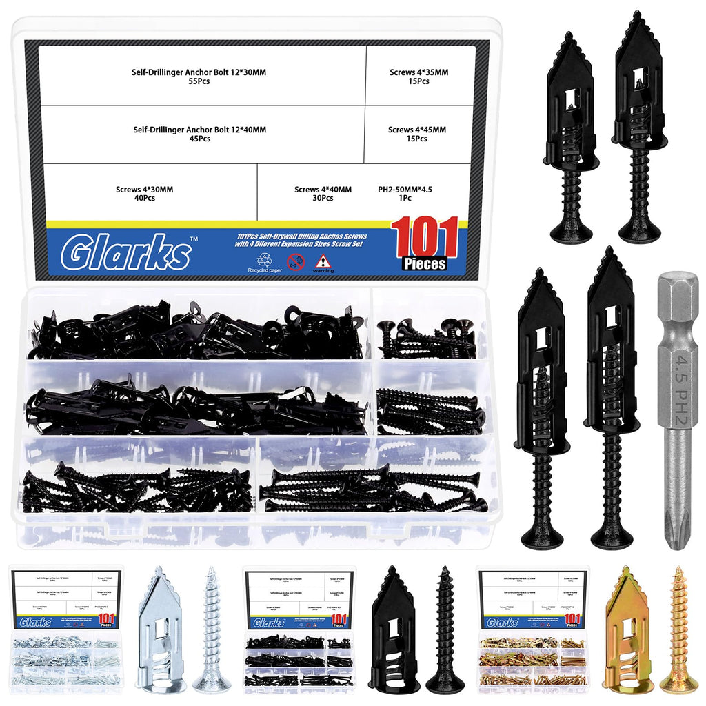 Glarks 201pcs Drywall Self-Drilling Anchors with Screws Set, 100pcs Carbon Steel Hollow Wall Anchor Tapping Screw with 100pcs Screws and 1pcs PH2 Bit Kit for No Drill or Holes in Wall