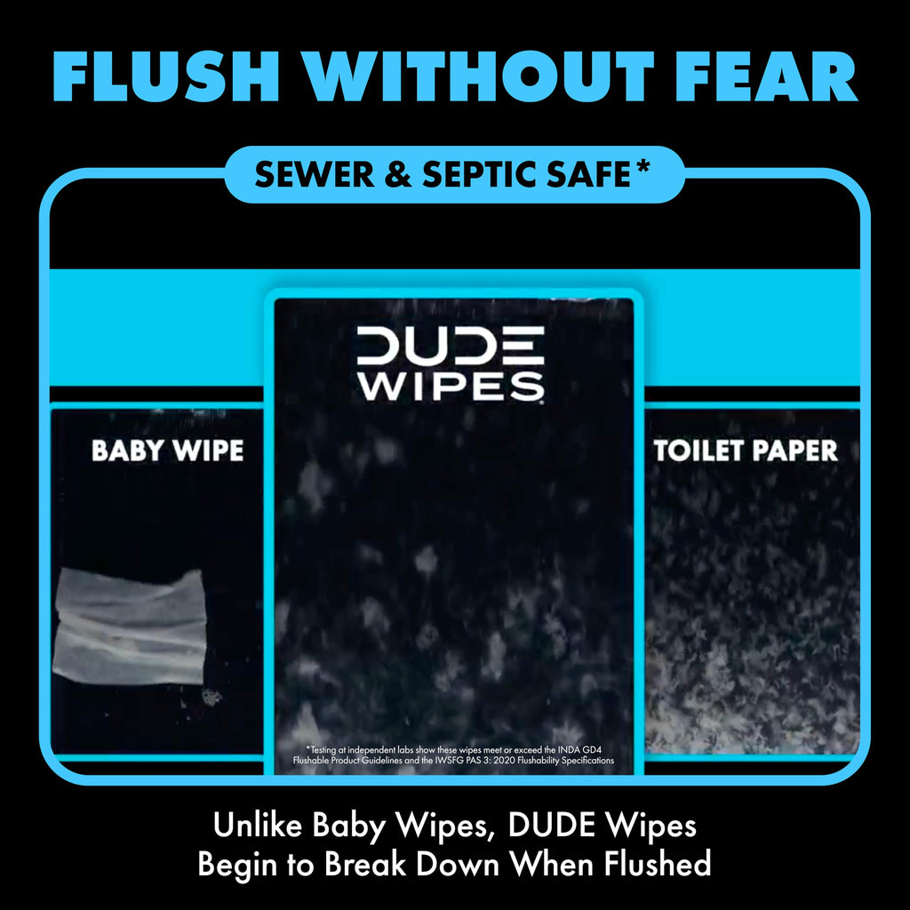 DUDE Wipes Flushable Wet Wipes (2 Packs, 30 Wipes Each) Individually Wrapped for Travel, Unscented Wet Wipes with Vitamin-E & Aloe, Septic and Sewer Safe