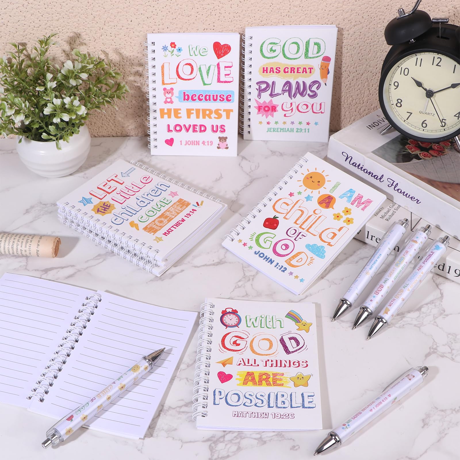 GANGBARU 20 Pcs Bible Verse Pens Notepads Gift Set Christian Spiral Notebook Religious Inspirational Ballpoint Pens Journals Bulk for Church Office School Supplies