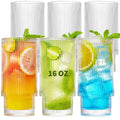 Qipecedm 6 Pack Ribbed Drinking Glasses - 16 oz Vintage Glass Cups, Highball Cocktail Glasses, Premium Iced Coffee Tumblers, Elegant Glassware for Water, Juice, Whiskey, Beer