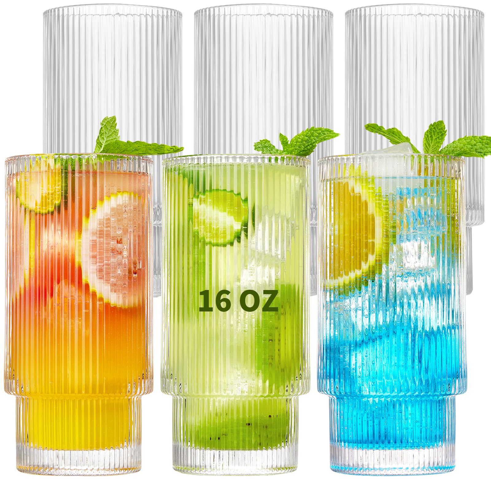 Qipecedm 6 Pack Ribbed Drinking Glasses - 16 oz Vintage Glass Cups, Highball Cocktail Glasses, Premium Iced Coffee Tumblers, Elegant Glassware for Water, Juice, Whiskey, Beer