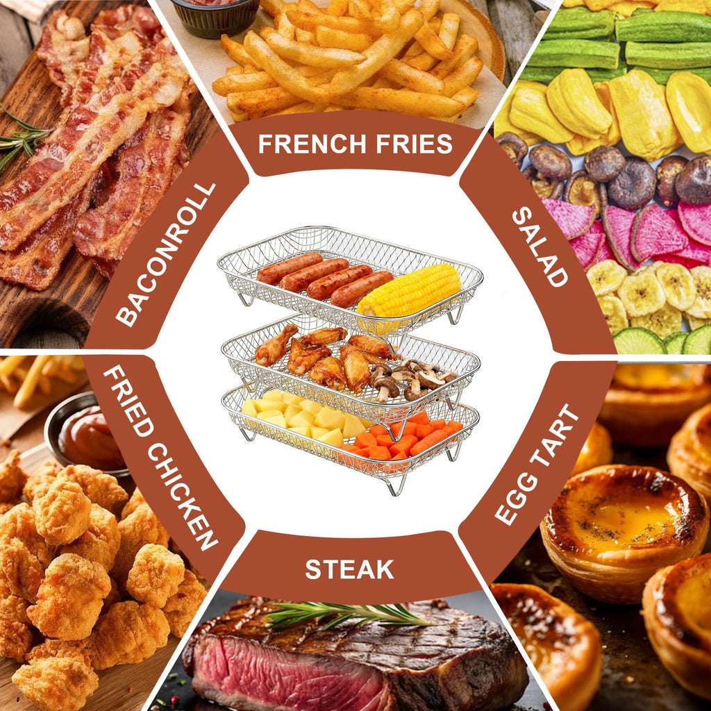 GWYXC 3-Tier Air Fryer Baskets, 7.79×5.23" Stackable Stainless Steel Racks for Ninja Foodi Dual Zone DZ071 DZ090 DZ201 DZ302 DZ401 DZ550 SL401, Rectangular Air Fryer Accessories with Silicone Feet