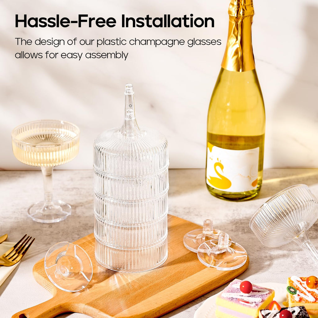 DORONAN 20 Pack Plastic Champagne Tower, 7oz Champagne Coupe Unbreakable Plastic Cocktail Glasses Acrylic Martini Glasses for Wedding Birthday Party Bar, Clear