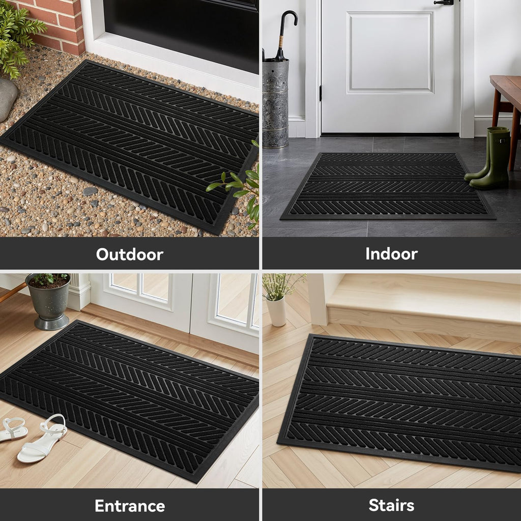 Front Door Mat Outdoor Mat Indoor Doormat for Entrance Mat Entryway Rug Heavy Duty Non Slip Rubber Absorbent Entry Rug Dirt Scraping Shoe Mat 60x90cm Black