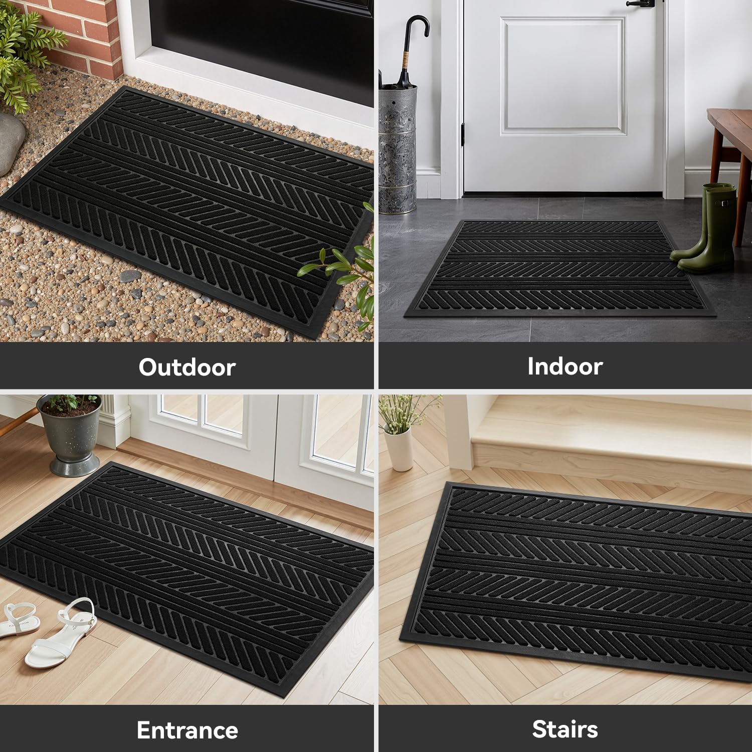 Front Door Mat Outdoor Mat Indoor Doormat for Entrance Mat Entryway Rug Heavy Duty Non Slip Rubber Absorbent Entry Rug Dirt Scraping Shoe Mat 60x90cm Black