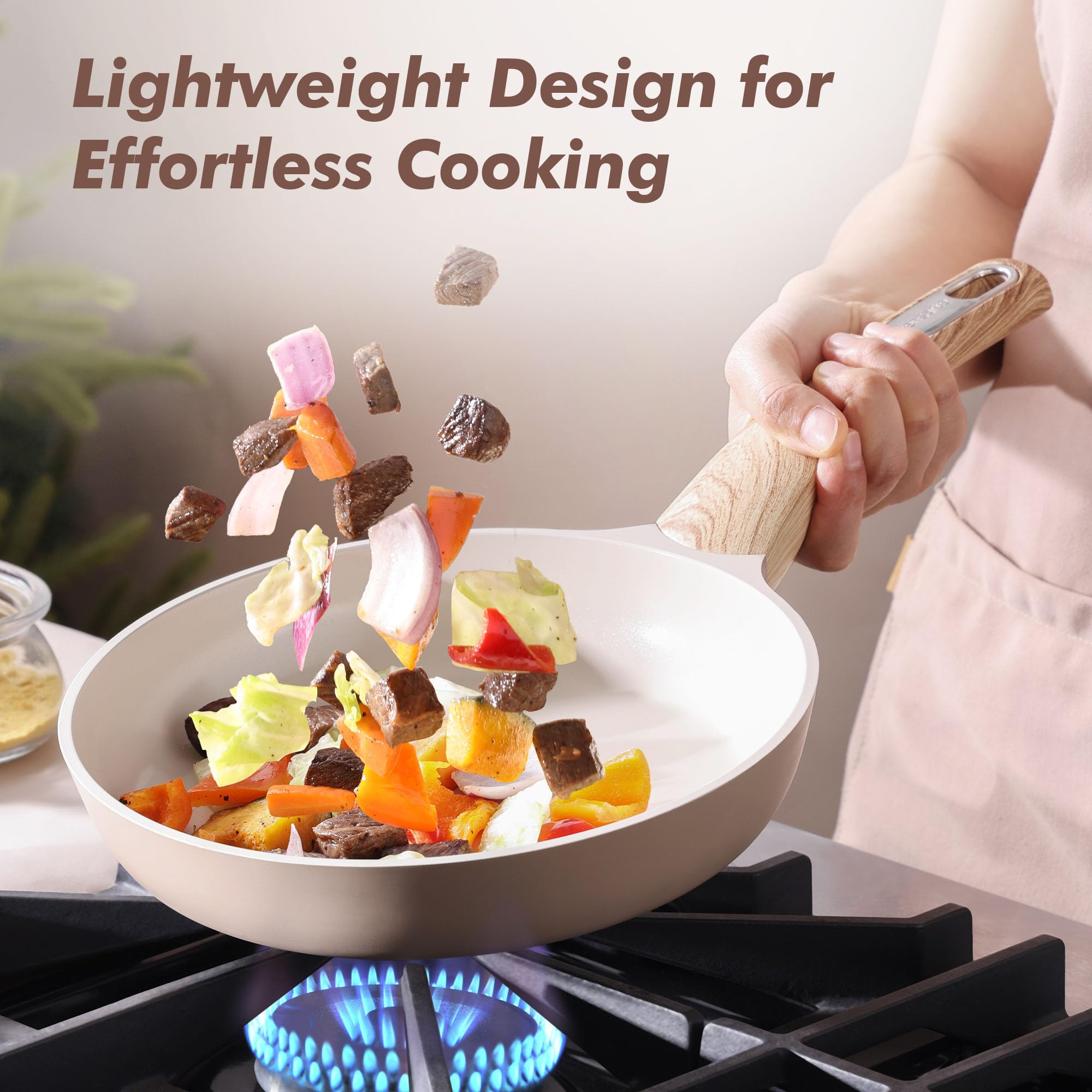 SENSARTE Ceramic Nonstick Frying Pan Skillet with Lid, 8/9.5/11/12.5 Inch Non Stick Pan Wok, Healthy Kitchen Cooking Sauté Pans, Free of Intentionally Added PFOA/PFAS/PTFE, Induction Compatible, Taupe