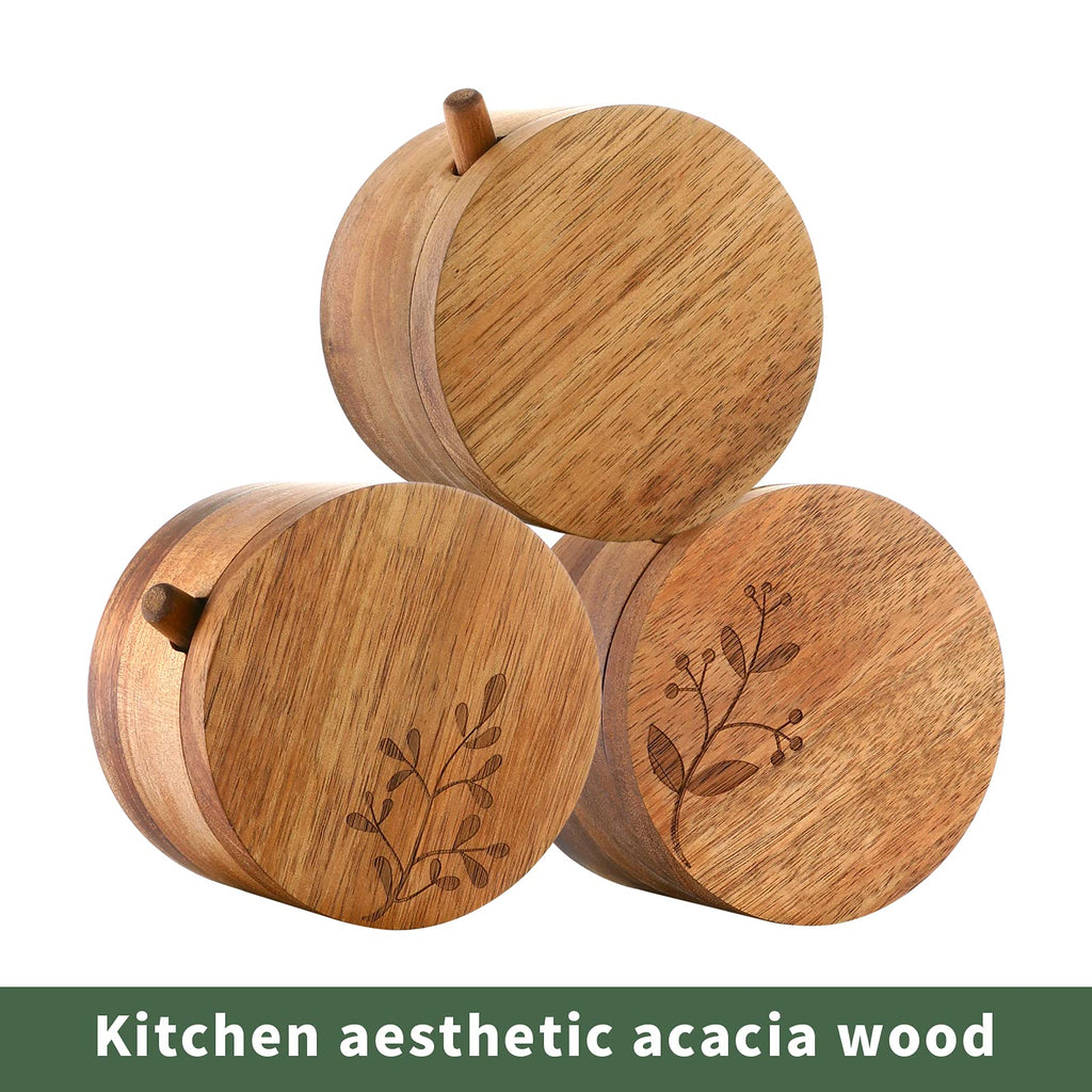 DGYLL Acacia Wood Salt Container with Spoon Keeper Salt Box Spice Storage Box Condiment Pot Sugar Bowl with Spoon and swiveling lid Size: 3.5DIA x 2.5H inch (1pc no Pattern/w Spoon)